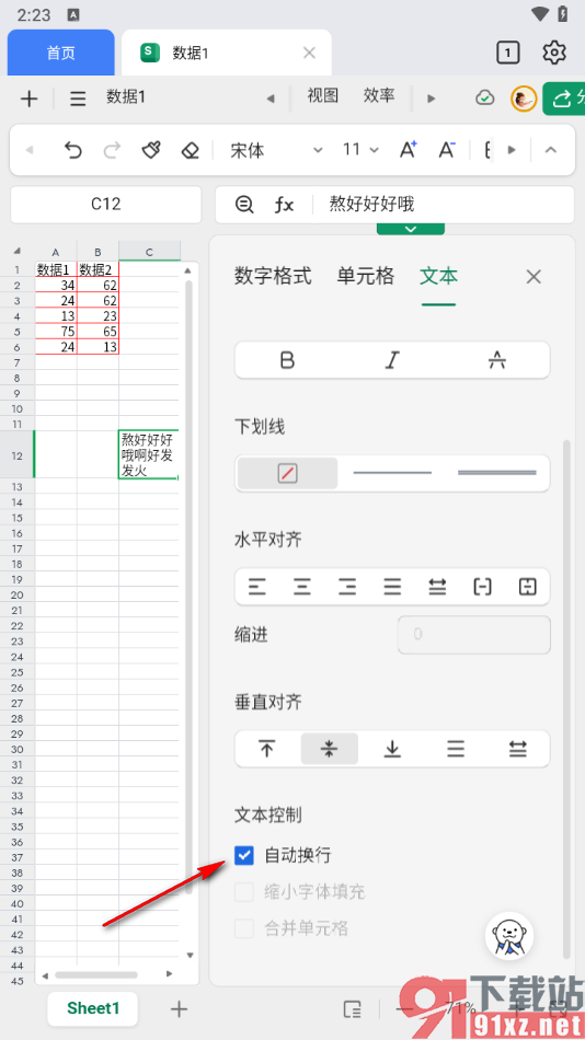 金山文档手机版设置多余的文字自动换到下一行显示的方法