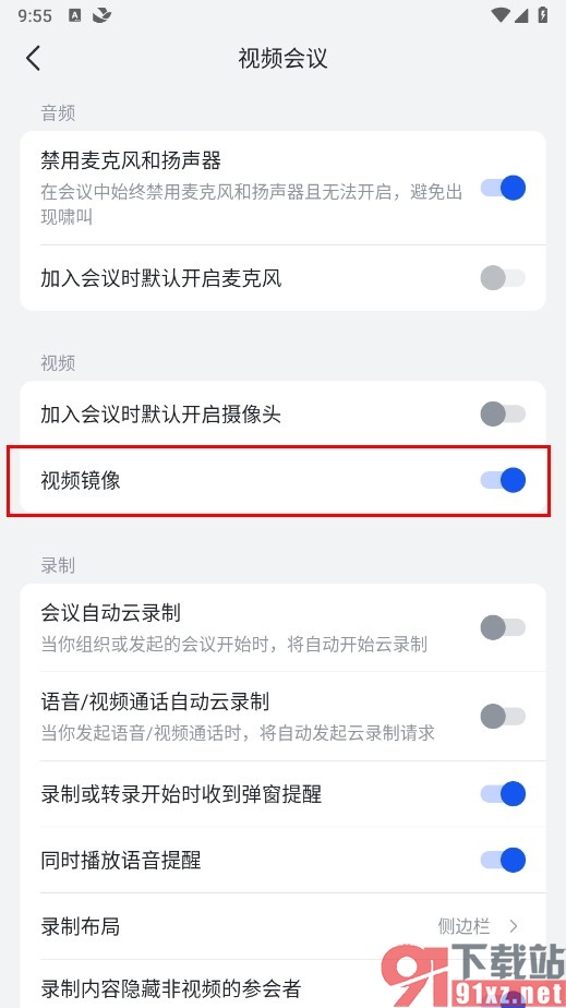 飞书手机版会议中设置默认镜像的方法