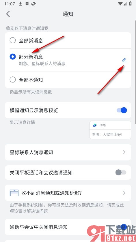 飞书手机版设置仅部分新消息通知的方法