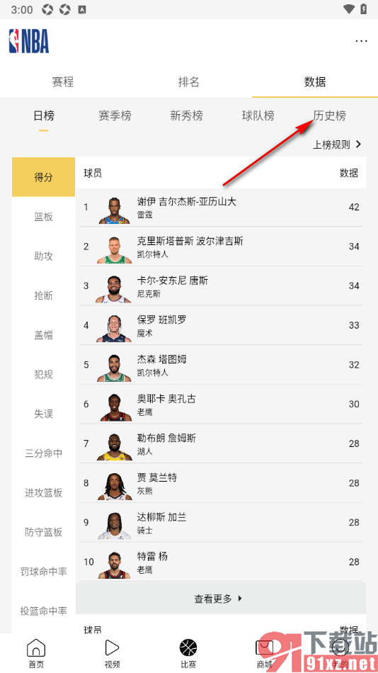 NBA app查看历史榜单排名的方法