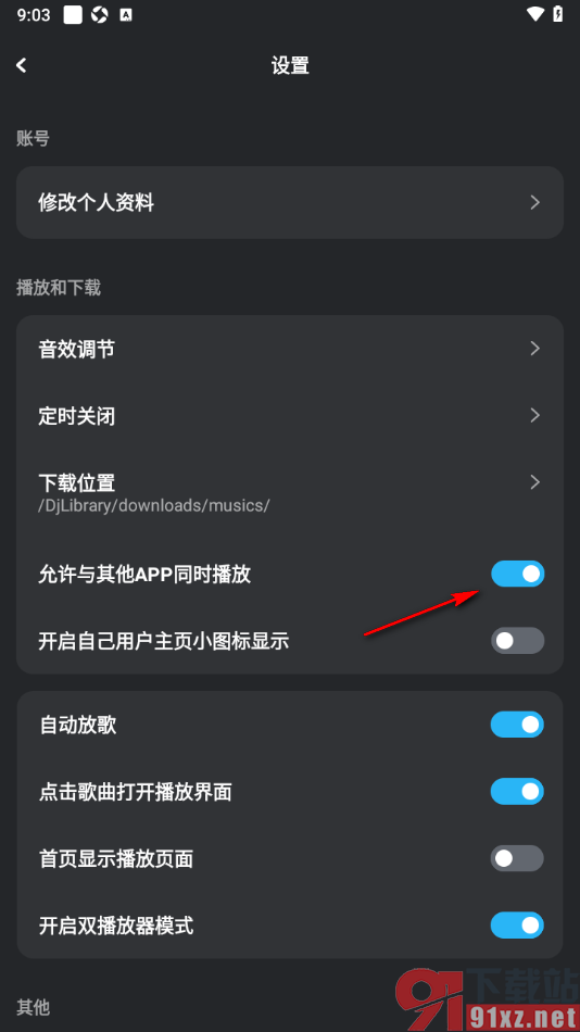 DJ音乐库APP设置允许与其他APP同时播放的方法