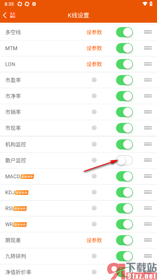 东方财富app关闭k线散户监控参数功能的方法