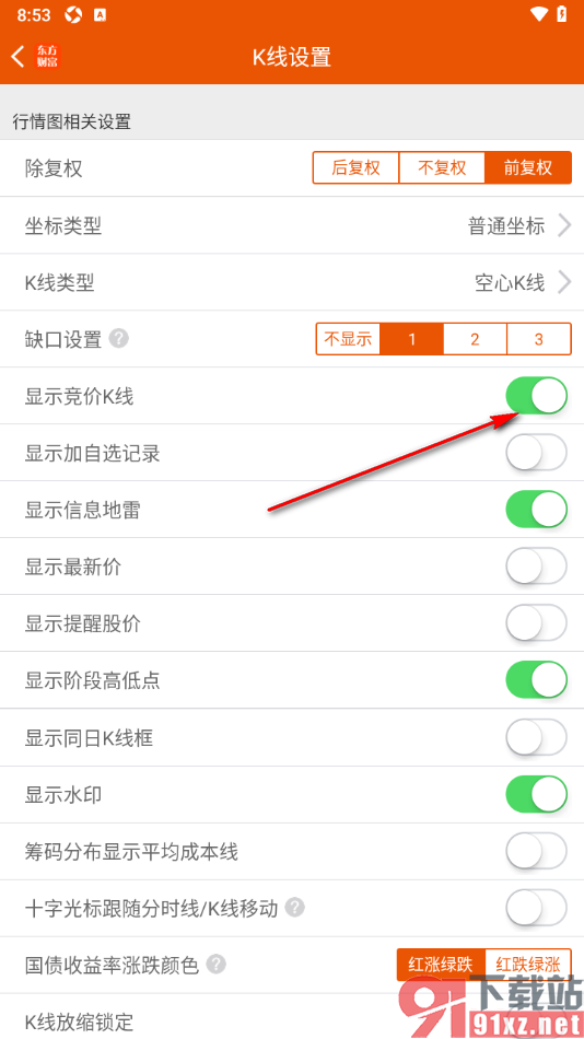 东方财富app设置行情图显示竞价k线的方法