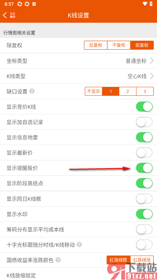 东方财富app设置k线行情图显示提醒股价的方法