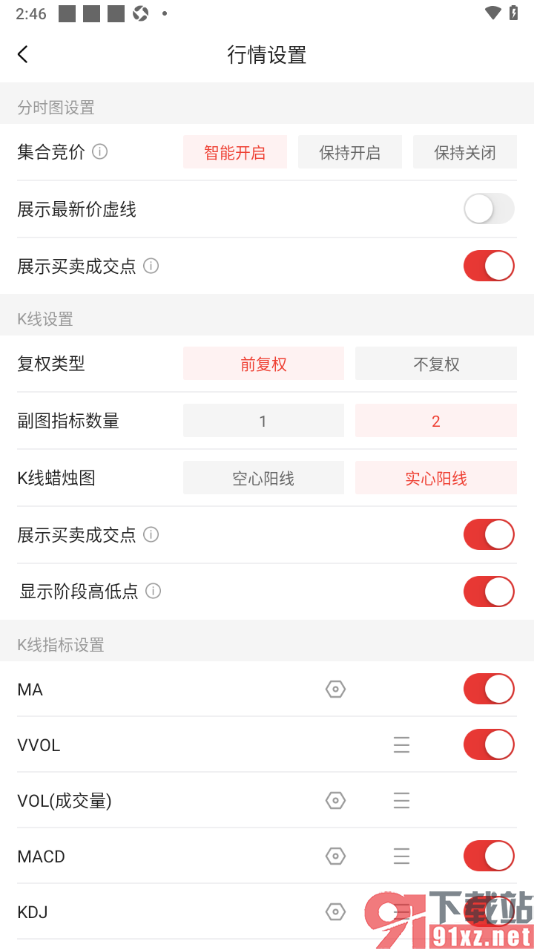 中金财富app设置k线蜡烛图为实心阳线的方法