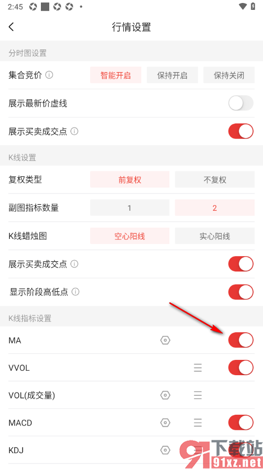 中金财富APP设置允许开启MA指标的方法